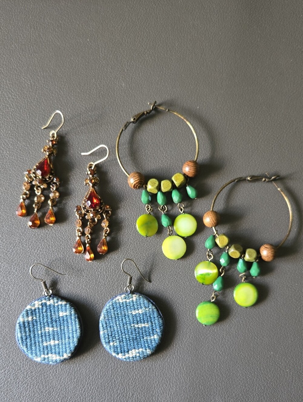 Vintage Bohemian Green Beaded Hoop Earrings, Tear Drop Earrings Bundle